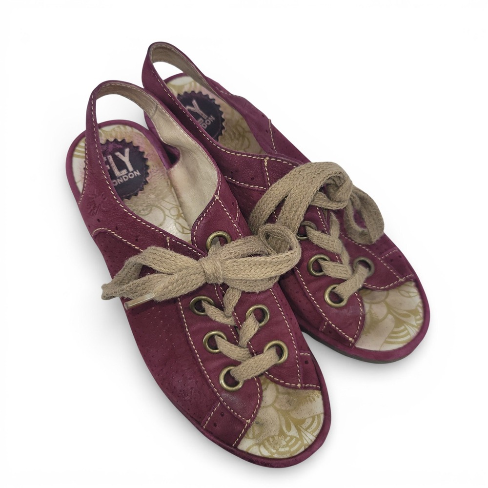 Fly London Womens 37 Wedge Sandals Lace Up Yuta‎ Maroon Leather Comfort Shoes - Picture 2 of 6